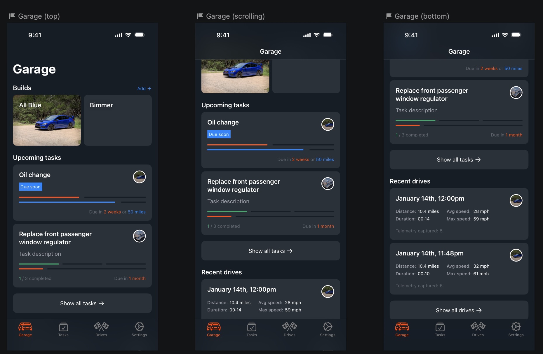 The PitStop app garage designs in Sketch